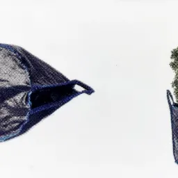 Niebieska siatkowa torba do transportu roślin, jedna pusta i rozłożona, druga z małym drzewkiem iglastym w środku, prezentacja firmy z Wrocławia.