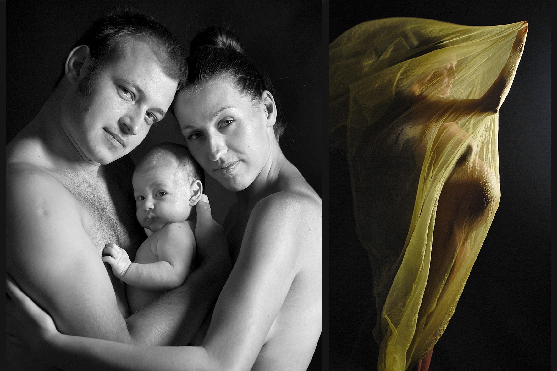 Czarno-białe portretowe ujęcie rodziców z noworodkiem na rękach, obok sylwetka kobiety w ciąży owiniętej żółtą tkaniną na ciemnym tle.