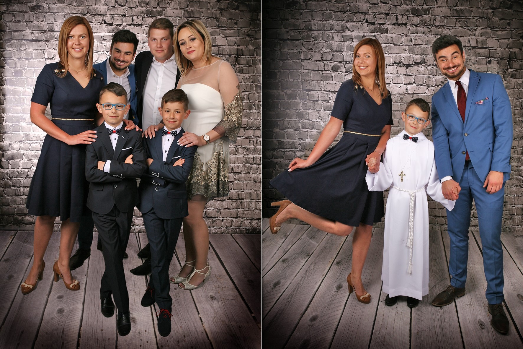 Dwie fotografie zestawione obok siebie: po lewej rodzina pozująca w strojach wizytowych na tle ceglanej ściany, po prawej matka z synem ubranym w strój komunijny i ojciec w niebieskim garniturze...