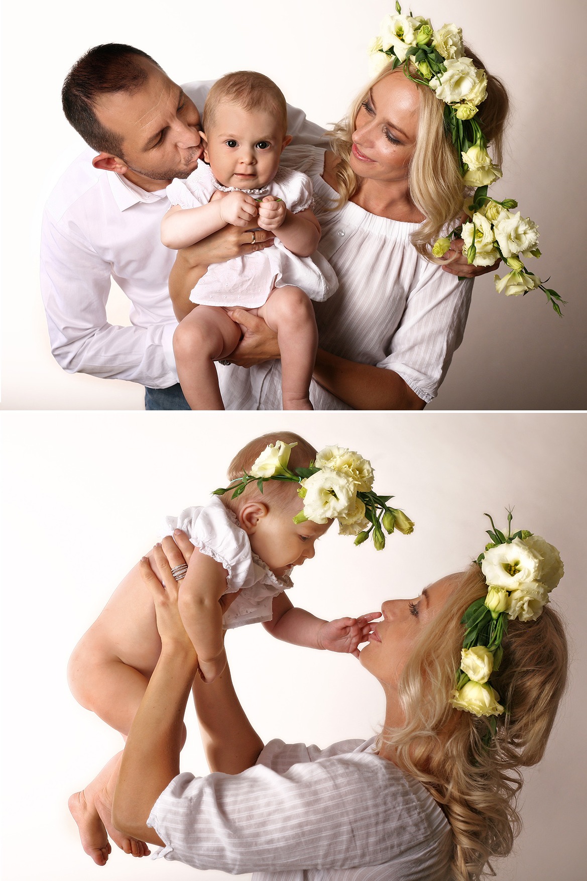 Dwuobrazkowe ujęcie: na górze ojciec całuje niemowlę trzymane przez matkę z wiankiem z białych kwiatów, na dole matka podnosi niemowlę w wianku, zbliżając twarz do jego dłoni, na jasnym tle.