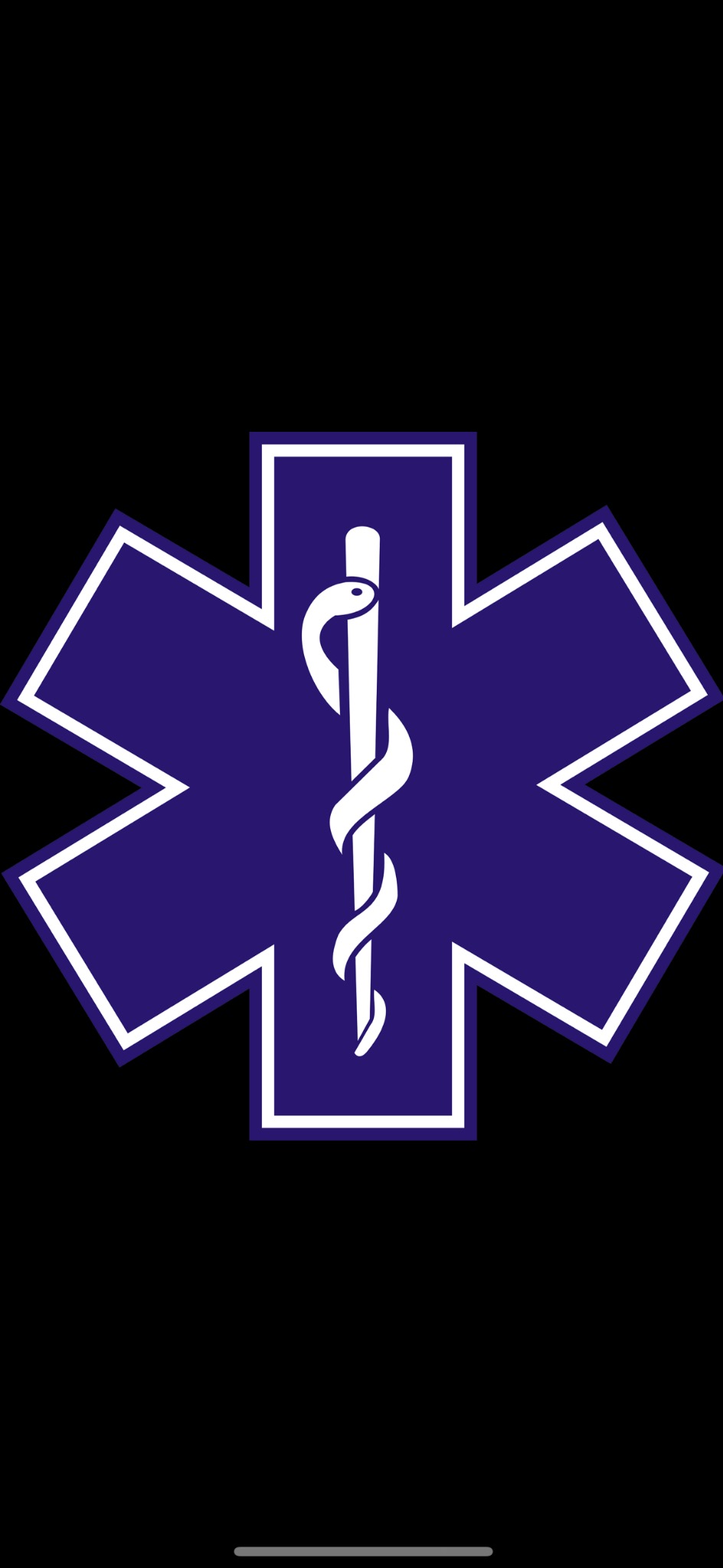 Niebieska Gwiazda Życia z laską Eskulapa w centrum, otoczona białą obwódką, na czarnym tle. Symbol medycyny ratunkowej i opieki zdrowotnej.