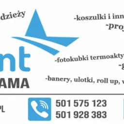 Logo firmy Sellprint Druk i Reklama z hasłami reklamowymi dotyczącymi nadruków na odzieży, grafiki, gadżetów, koszulek, projektów, fotokubków, banerów, ulotek, wizytówek i plakatów, oraz danymi...