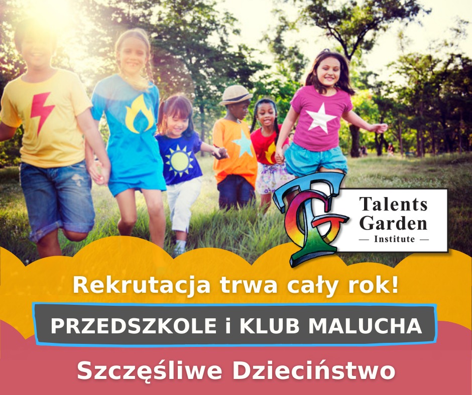 Grupa różnorodnych dzieci biegnie po trawie w kierunku kamery, ubrane w kolorowe koszulki z symbolami, logo Talents Garden Institute, napisy 'Rekrutacja trwa cały rok!', 'Przedszkole i Klub...