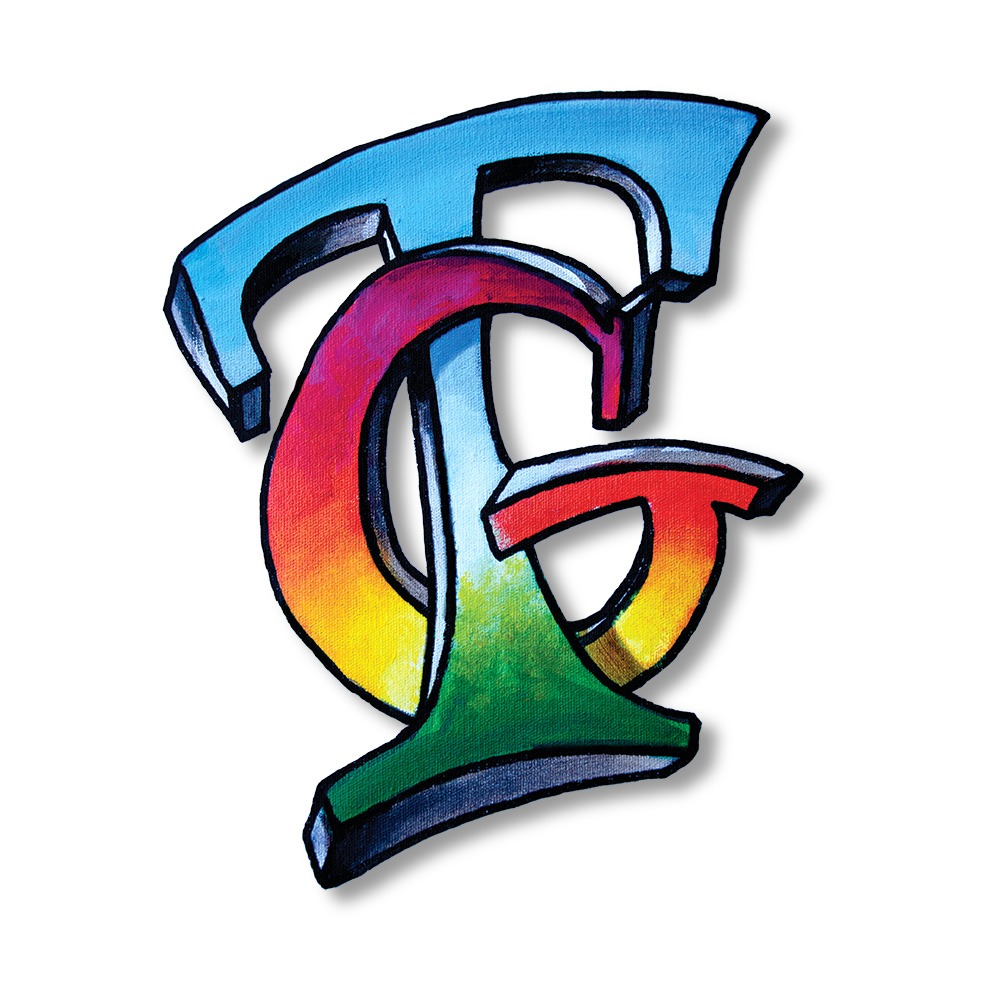 Abstrakcyjne, trójwymiarowe logo z liter TG w gradientowych kolorach: niebieskim, czerwonym, żółtym i zielonym, na białym tle.