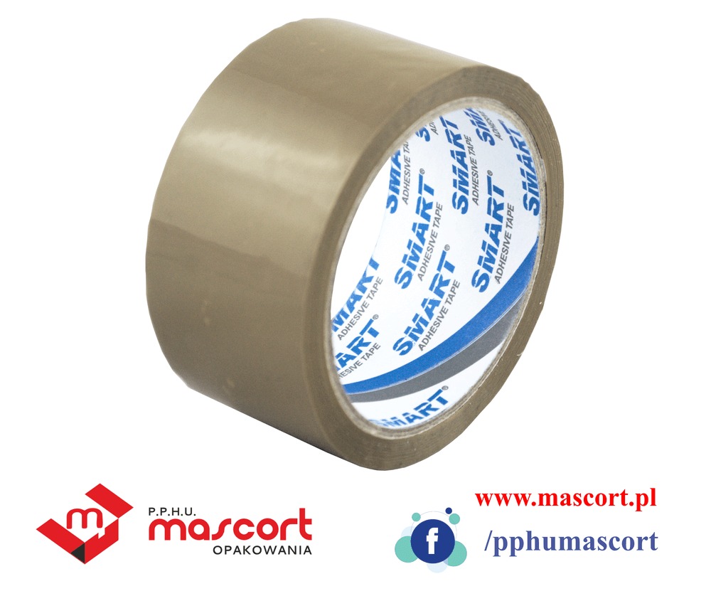 Rolka brązowej taśmy klejącej 'SMART Adhesive Tape' na białym tle, widoczny napis na wewnętrznej stronie rolki.