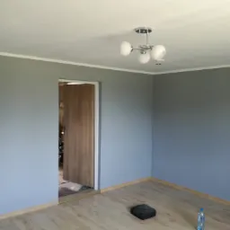 Pomalowane na szaro wnętrze pokoju z drewnianą podłogą, widoczne białe listwy przypodłogowe i sufitowe, nowoczesna lampa sufitowa z białymi kulami, otwarte drzwi do innego pomieszczenia, czarny...