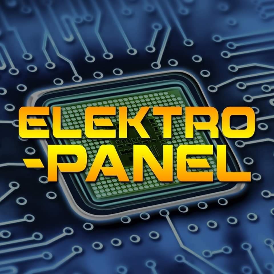 Stylizowane logo 'Elektro Panel' na tle schematu płyty głównej w odcieniach niebieskiego i zieleni, z wyraźnym efektem 3D.