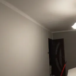 Świeżo pomalowana ściana w odcieniach szarości z widoczną listwą sufitową, oświetlona przez wiszącą lampę z elementami drewna i widocznymi śladami użytkowania, z fragmentem drzwi i akcesoriami...