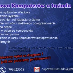 Plakat reklamowy usług naprawy komputerów z listą oferowanych usług, numerem telefonu i adresem e-mail na tle schematu płyty głównej.