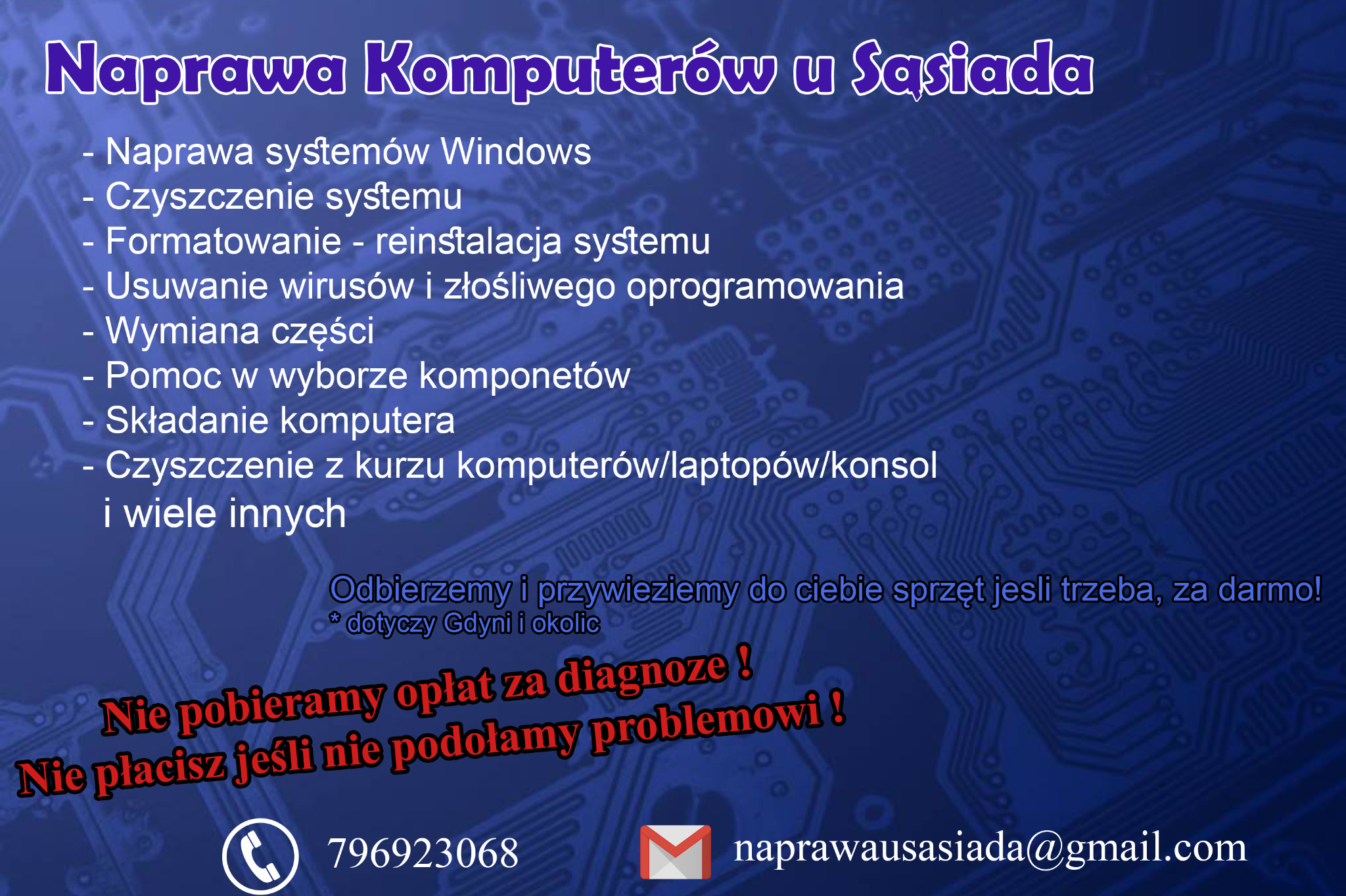Plakat reklamowy usług naprawy komputerów z listą oferowanych usług, numerem telefonu i adresem e-mail na tle schematu płyty głównej.