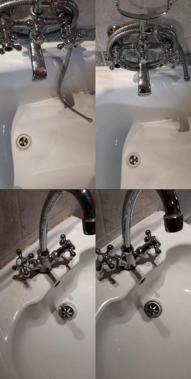 Porównanie umywalki przed i po czyszczeniu, widoczne osady kamienia i brudu na armaturze oraz czysta powierzchnia po usunięciu zanieczyszczeń.