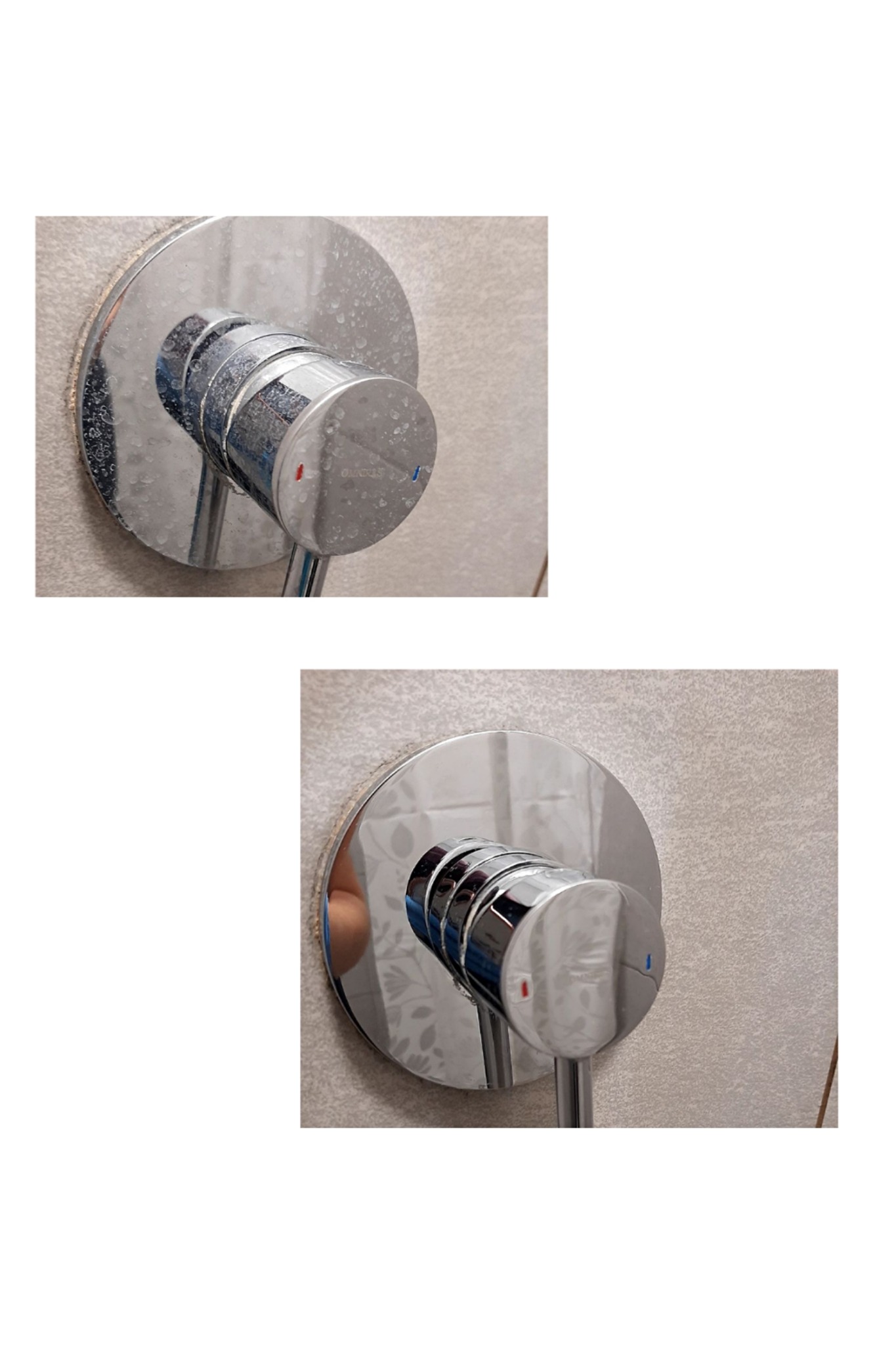 Dwa ujęcia chromowanej baterii prysznicowej z widocznymi śladami osadu wapiennego na powierzchni, wskazujące na potrzebę czyszczenia i konserwacji.