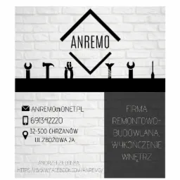 Wizytówka firmy remontowo-budowlanej ANREMO z adresem e-mail, numerem telefonu i adresem fizycznym, z ikonami narzędzi na tle białej cegły.
