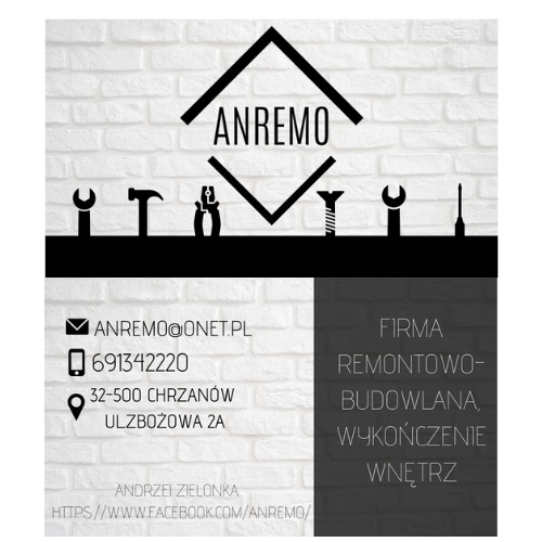 Wizytówka firmy remontowo-budowlanej ANREMO z adresem e-mail, numerem telefonu i adresem fizycznym, z ikonami narzędzi na tle białej cegły.