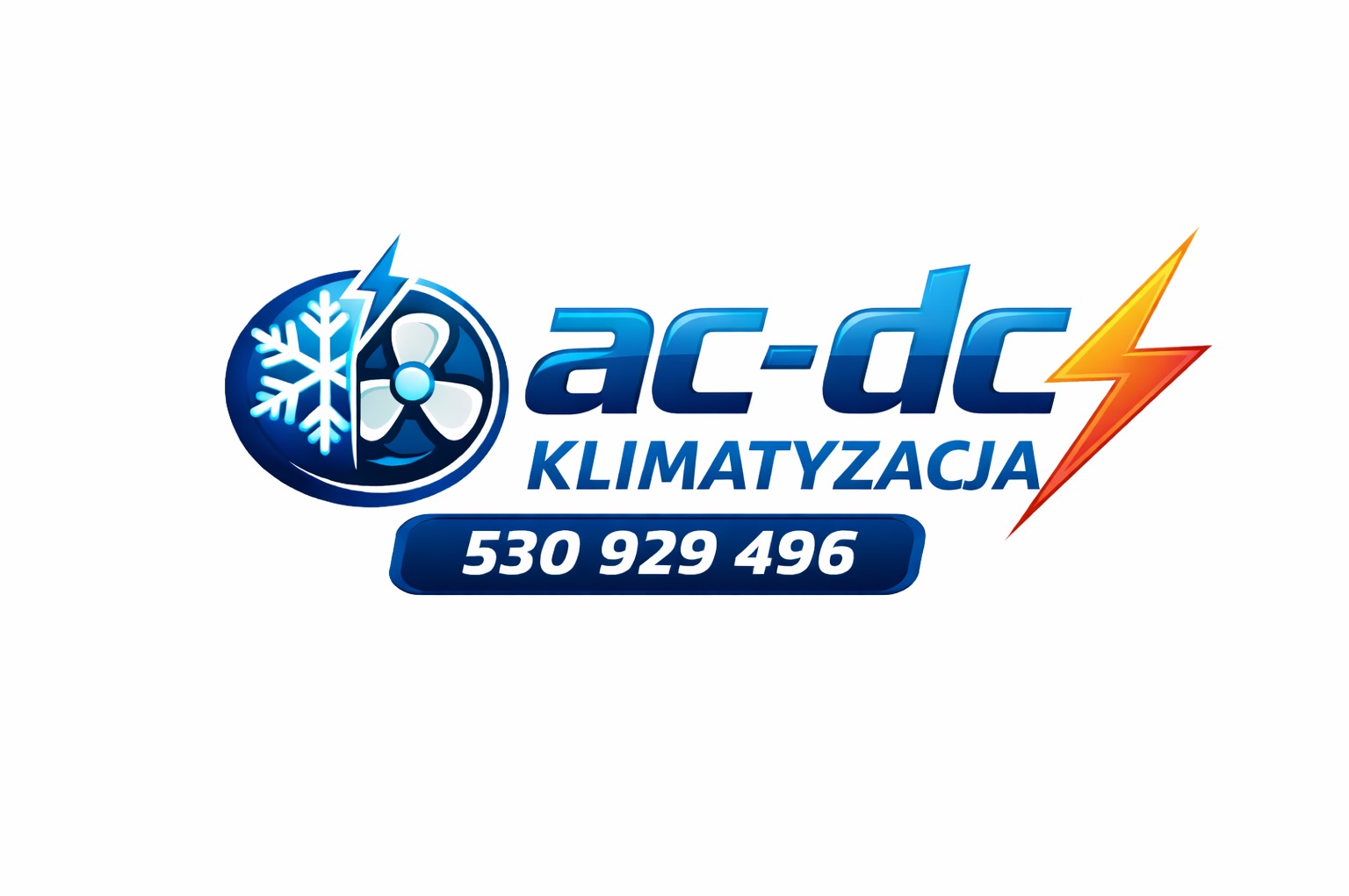 Logo firmy ac-dc Klimatyzacja z symbolem śnieżynki, wentylatora i błyskawicy. Numer telefonu 530 929 496 na białym tle.