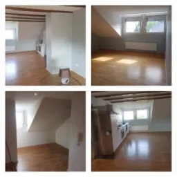 Kolaż czterech zdjęć poddasza z drewnianą podłogą i skośnymi sufitami, świeżo pomalowane ściany w odcieniach bieli i błękitu, widoczne drewniane belki stropowe i elementy wyposażenia.