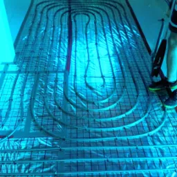 Rozłożona instalacja ogrzewania podłogowego na folii aluminiowej z widocznymi rurami i siatką montażową, oświetlona niebieskim światłem, obok widoczne nogi instalatora w sportowych butach.