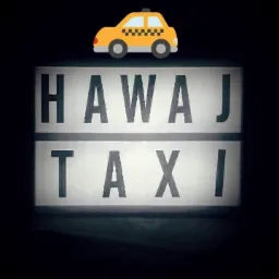 Podświetlany szyld reklamowy 'HAWAJ TAXI' z żółtą, kreskówkową taksówką na górze.