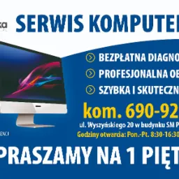 Plakat reklamowy serwisu komputerowego Ekotronika z hasłami: Bezpłatna diagnostyka, Profesjonalna obsługa, Szybka i skuteczna naprawa, numerem telefonu, adresem i godzinami otwarcia, obok widoczny...