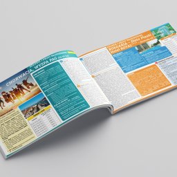 Skogtroll Design - Projektowanie Graficzne - Rozkładówka broszury reklamowej z ofertami kolonii i obozów młodzieżowych w Chorwacji i Bułgarii, prezentująca zdjęcia, opisy i ceny wyjazdów.