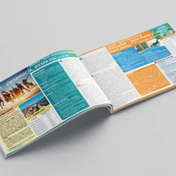 Rozkładówka broszury reklamowej z ofertami kolonii i obozów młodzieżowych w Chorwacji i Bułgarii, prezentująca zdjęcia, opisy i ceny wyjazdów.