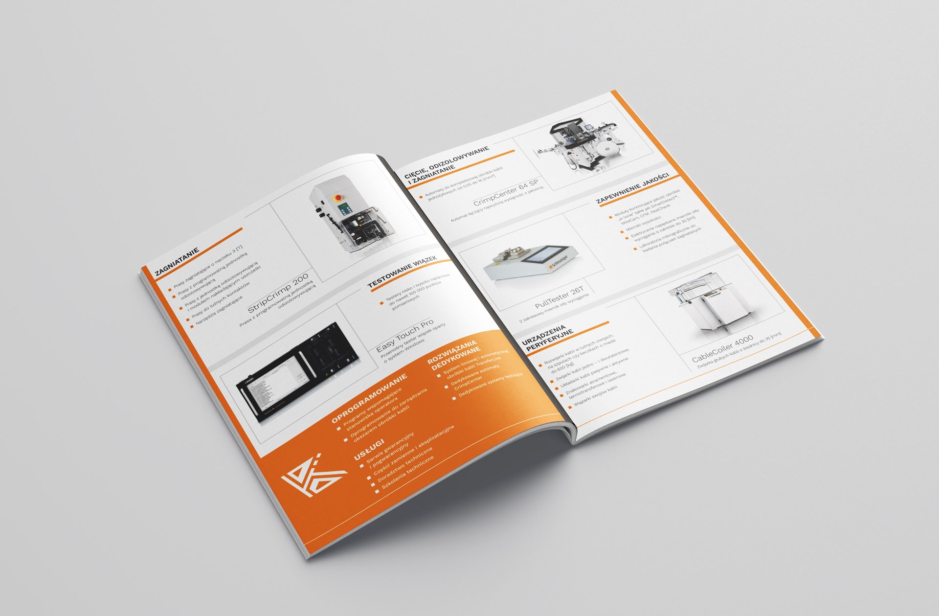 Katalog z urządzeniami do obróbki kabli: automaty do cięcia, zagniatania, testowania wiązek, oprogramowanie i urządzenia peryferyjne. Układ graficzny z precyzją detali.