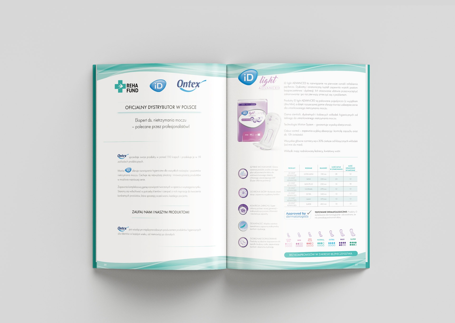 Katalog produktowy z logo Reha Fund, Ontex i ID light ADVANCED, prezentujący ofertę wkładek higienicznych dla osób z nietrzymaniem moczu. Szczegółowe informacje o produktach.