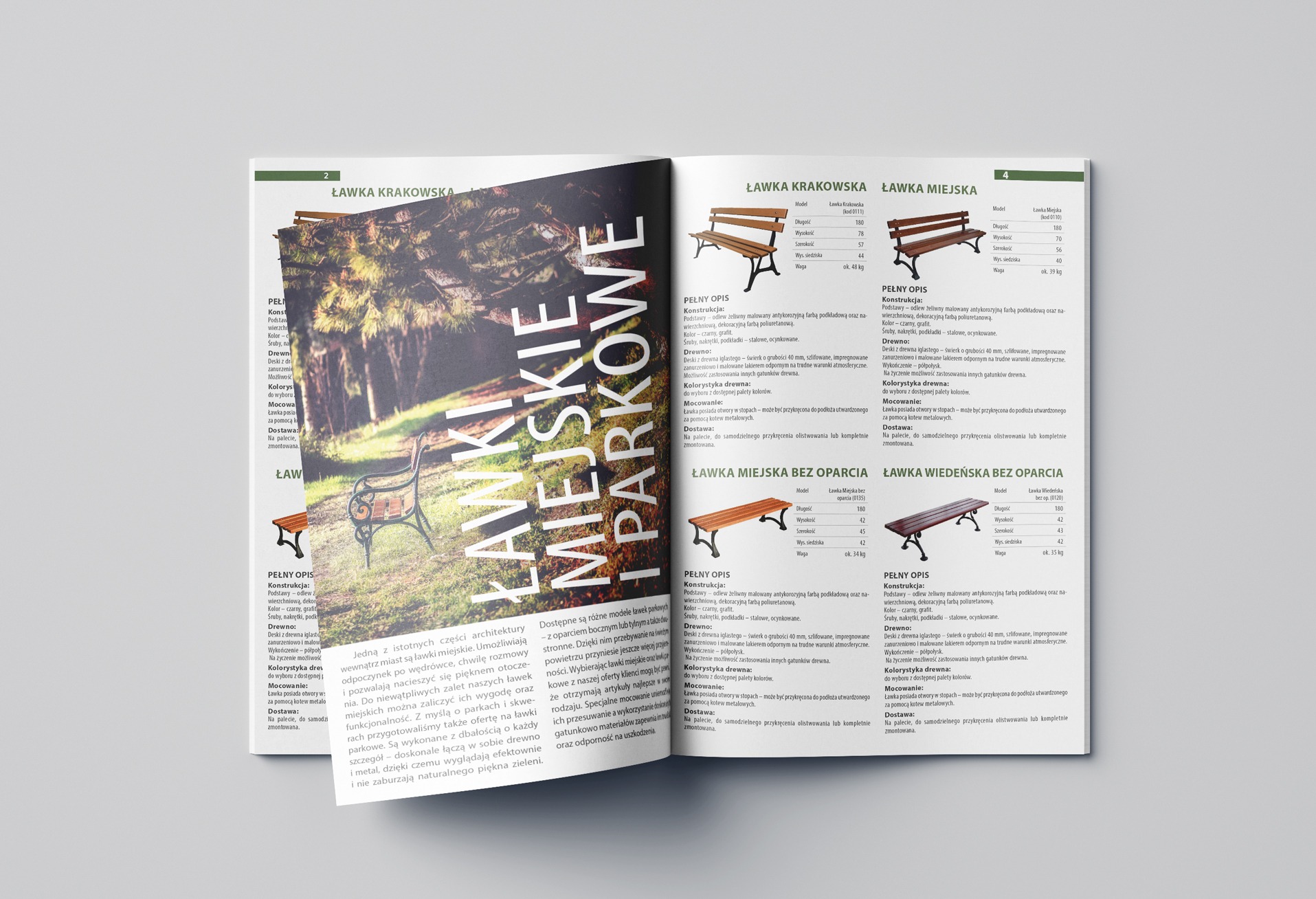 Katalog ławek parkowych: Krakowska, Miejska, bez oparcia i Wiedeńska, z pełnym opisem technicznym i zdjęciem ławki na tle parku. Grafika katalogowa.