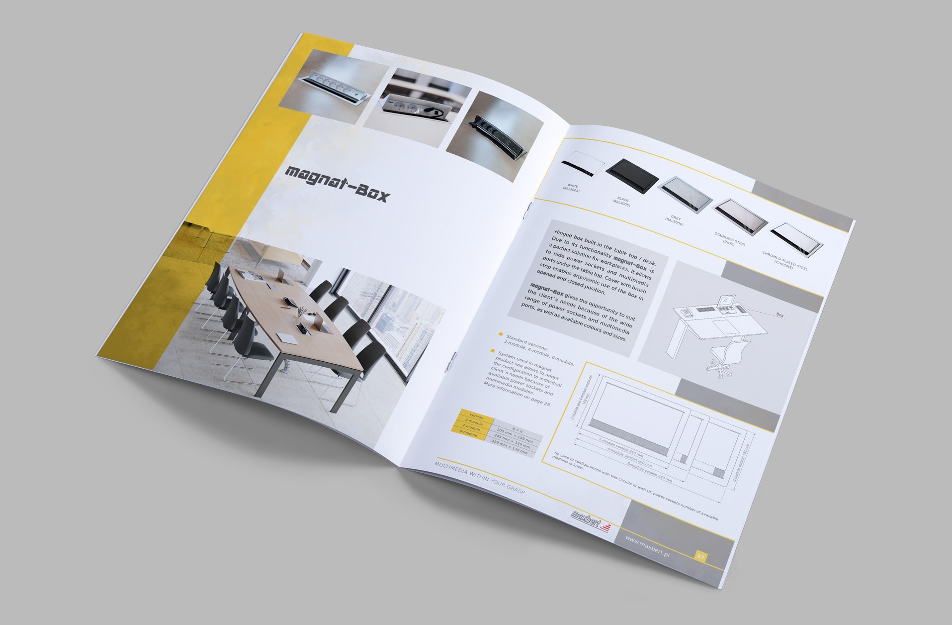 Otwarta broszura reklamowa z prezentacją systemu magnat-Box, w tym wariantów kolorystycznych i zastosowań w salach konferencyjnych. Widoczne detale i schematy.