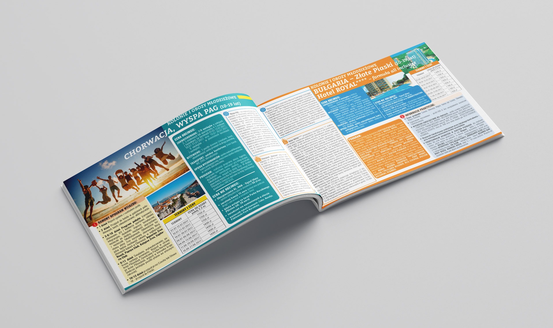 Rozkładówka broszury reklamowej z ofertami kolonii i obozów młodzieżowych w Chorwacji i Bułgarii, prezentująca zdjęcia, opisy i ceny wyjazdów.