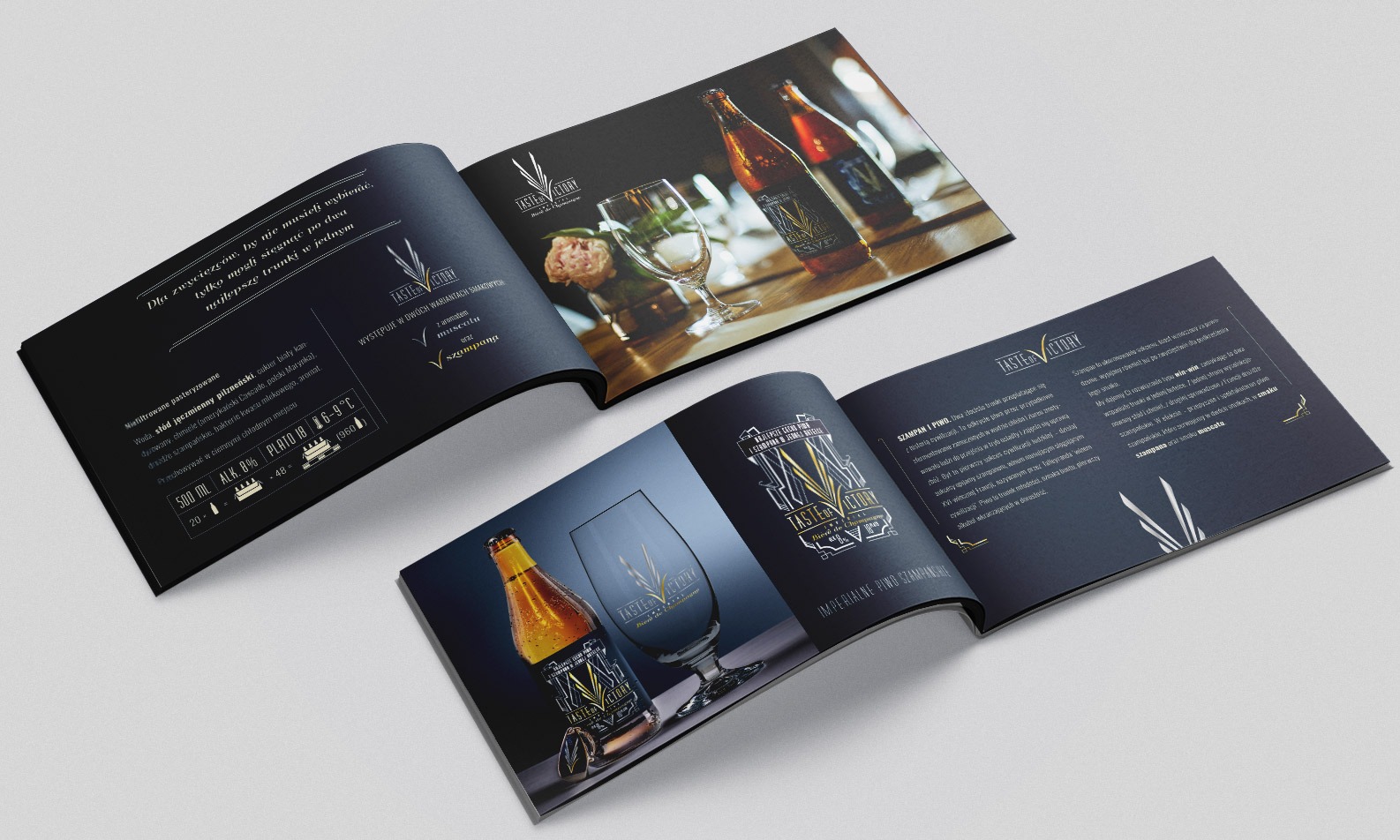 Katalog reklamowy piwa kraftowego z logo Taste of Victory. Otwarta broszura prezentuje butelkę i kieliszek piwa, z detalami etykiety i tekstem promocyjnym.