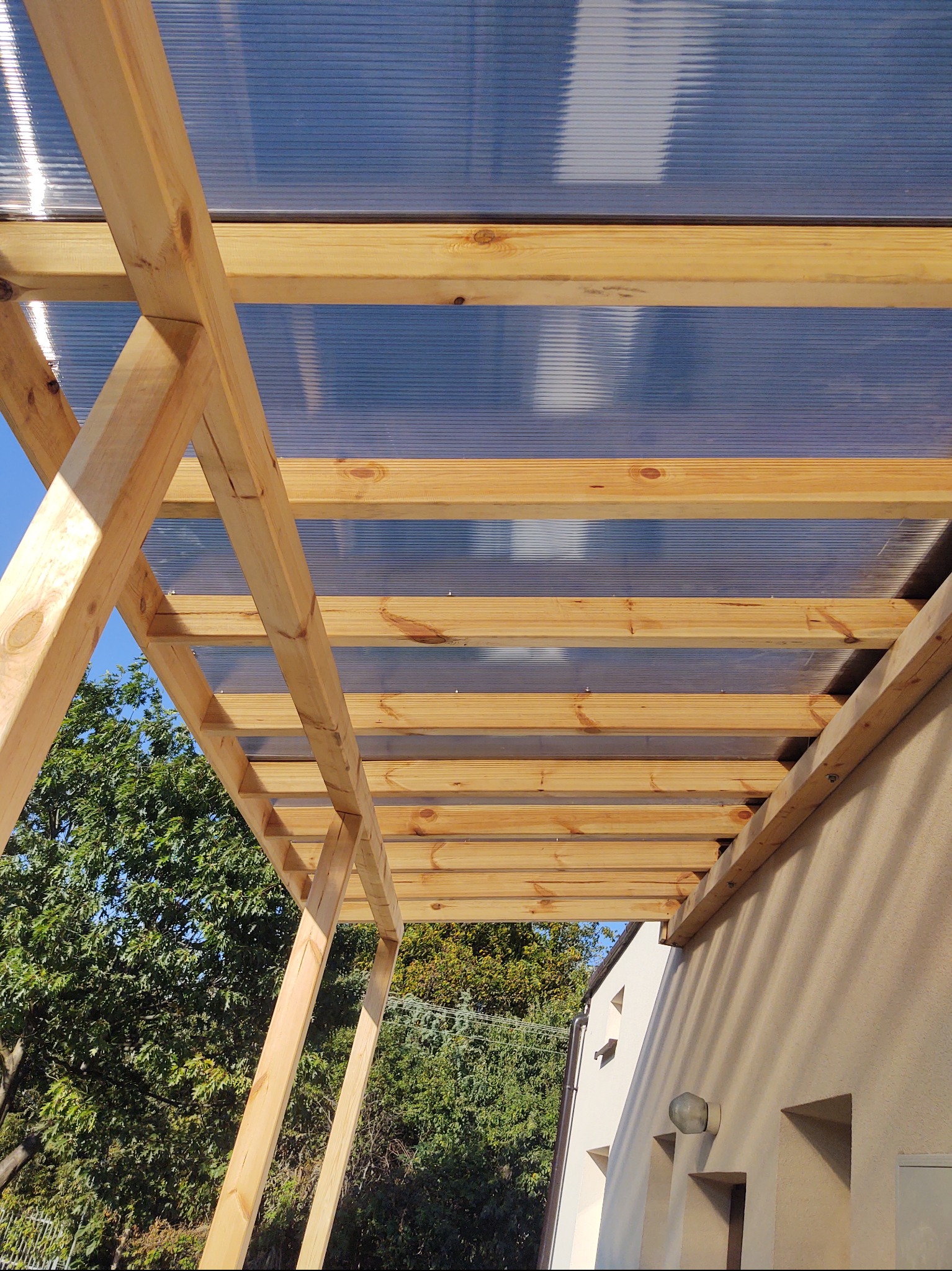 Drewniana konstrukcja z przezroczystym zadaszeniem, widok od dołu. Element budynku z zielenią w tle. Jasne drewno i światło słoneczne.