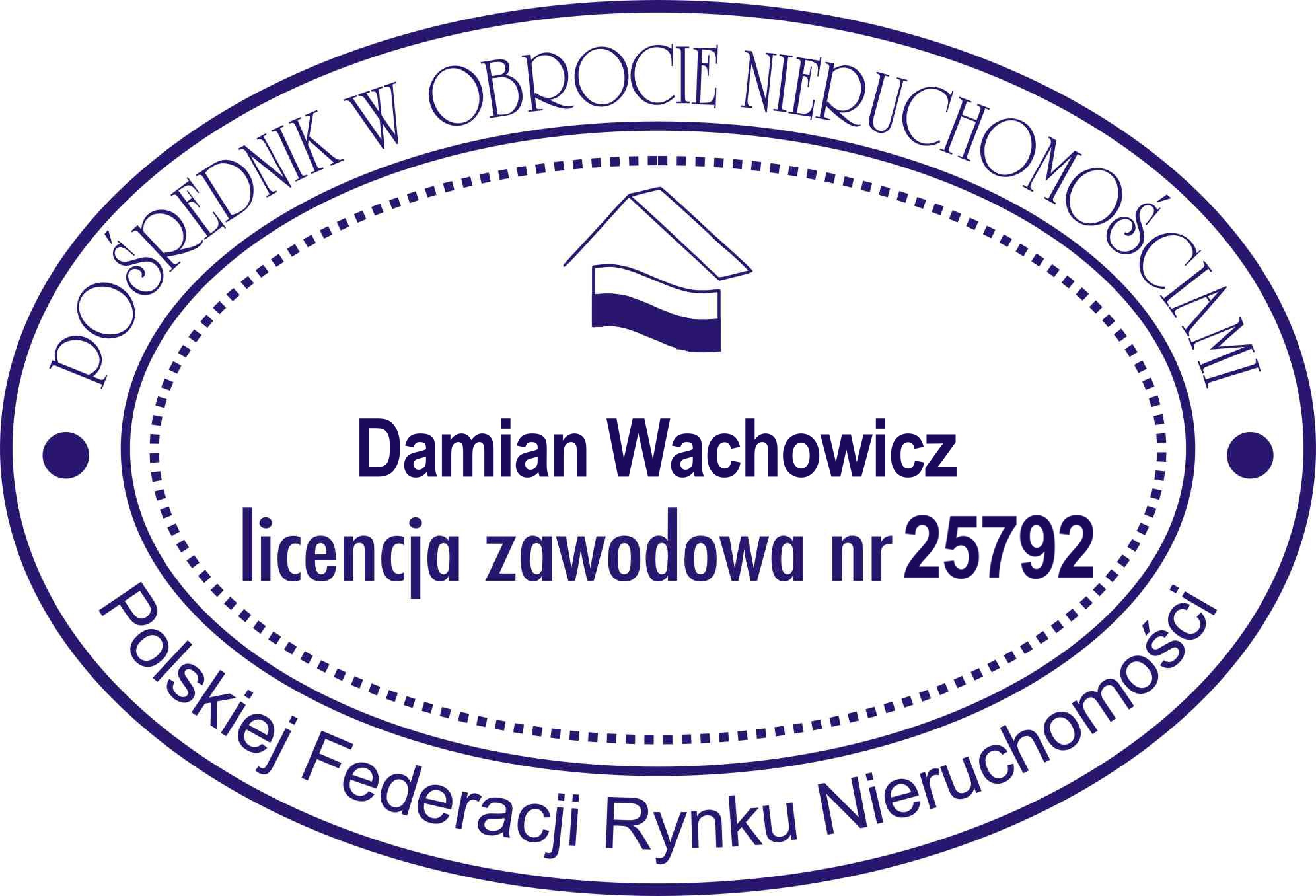 Logo pośrednika nieruchomości Damian Wachowicz z licencją zawodową nr 25792, należącego do Polskiej Federacji Rynku Nieruchomości, w formie okrągłej pieczęci z symbolem domu.