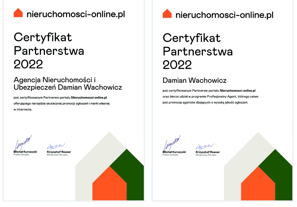 Dwa certyfikaty partnerstwa 2022 portalu nieruchomości-online.pl, jeden dla Agencji Nieruchomości i Ubezpieczeń Damian Wachowicz, drugi dla Damiana Wachowicza, oba z podpisami Michała Kurczyckiego...