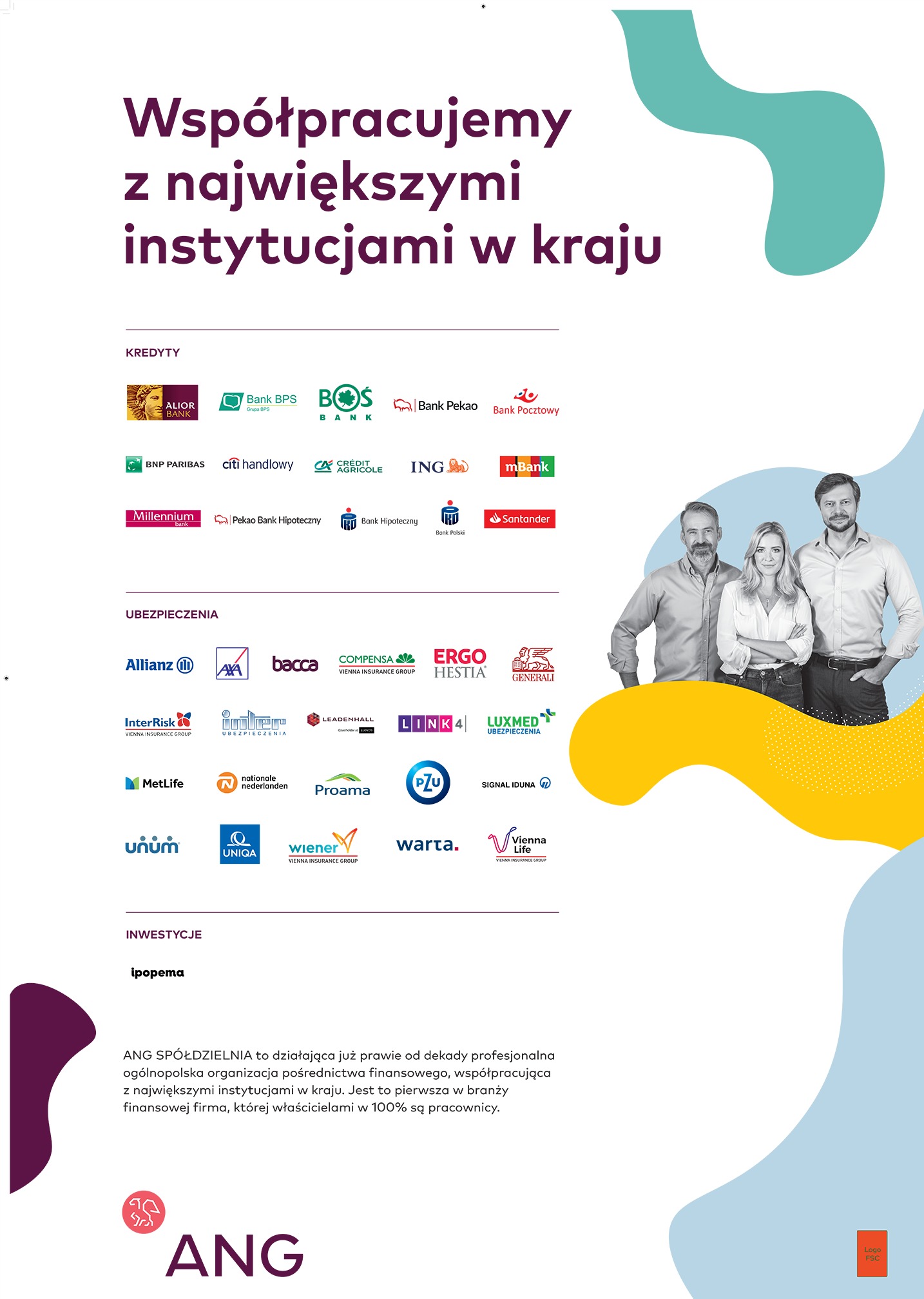 Grafika prezentująca logotypy banków, firm ubezpieczeniowych i inwestycyjnych, z wizerunkami trzech uśmiechniętych osób w tle, symbolizująca współpracę z największymi instytucjami finansowymi.