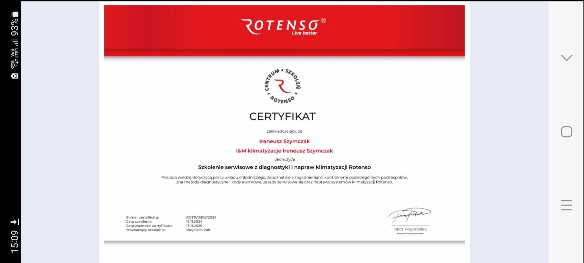 Skan certyfikatu ukończenia szkolenia serwisowego z diagnostyki i napraw klimatyzacji Rotenso, wydany dla Ireneusza Szymczaka przez Centrum Szkoleń Rotenso.
