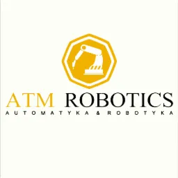 Logo firmy ATM Robotics z żółtym symbolem ramienia robota w ośmiokącie i tekstem 'ATM ROBOTICS' oraz 'AUTOMATYKA & ROBOTYKA'.