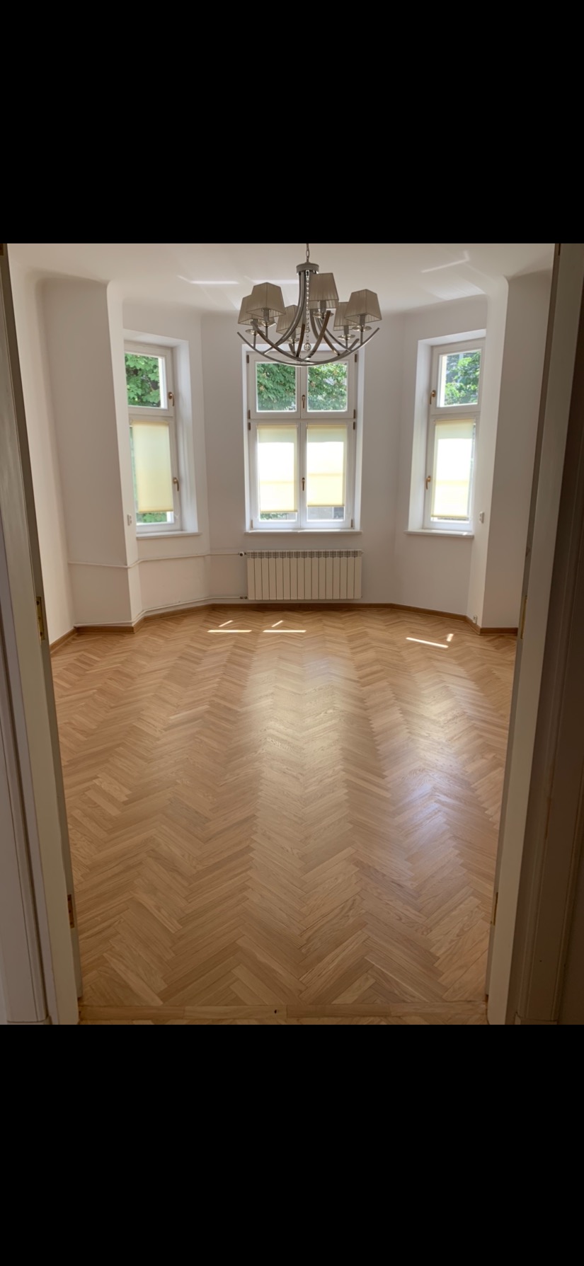 Jasny parkiet ułożony we wzór jodełki w pustym pokoju z trzema oknami i żyrandolem.