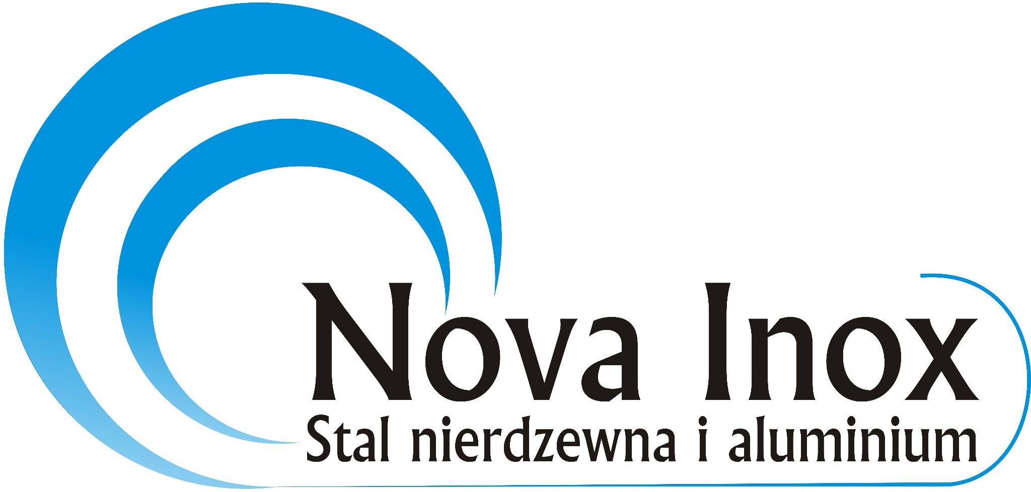 Logo firmy Nova Inox, specjalizującej się w stali nierdzewnej i aluminium, z błękitnymi elementami graficznymi przypominającymi fale nad czarnym napisem.