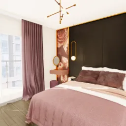 Wizualizacja sypialni w odcieniach różu i brązu z toaletką, okrągłym lustrem i złotymi lampami wiszącymi na czarnym tle ściany.