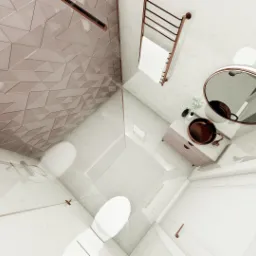 Wizualizacja łazienki z geometryczną, trójkątną mozaiką na suficie w odcieniach różu i miedzi, armatura w kolorze miedzi, białe marmurowe płytki na ścianach i podłodze, oraz biała ceramika.