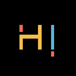 Graficzne logo 'HI' w kolorach pomarańczowym, żółtym i niebieskim na czarnym tle, charakterystyczne dla firm z Warszawy zajmujących się tworzeniem identyfikacji wizualnej.