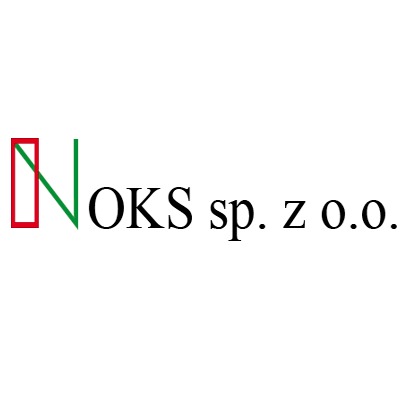Logo firmy NOKS sp. z o.o. z czerwonym prostokątem i zieloną linią w nazwie.
