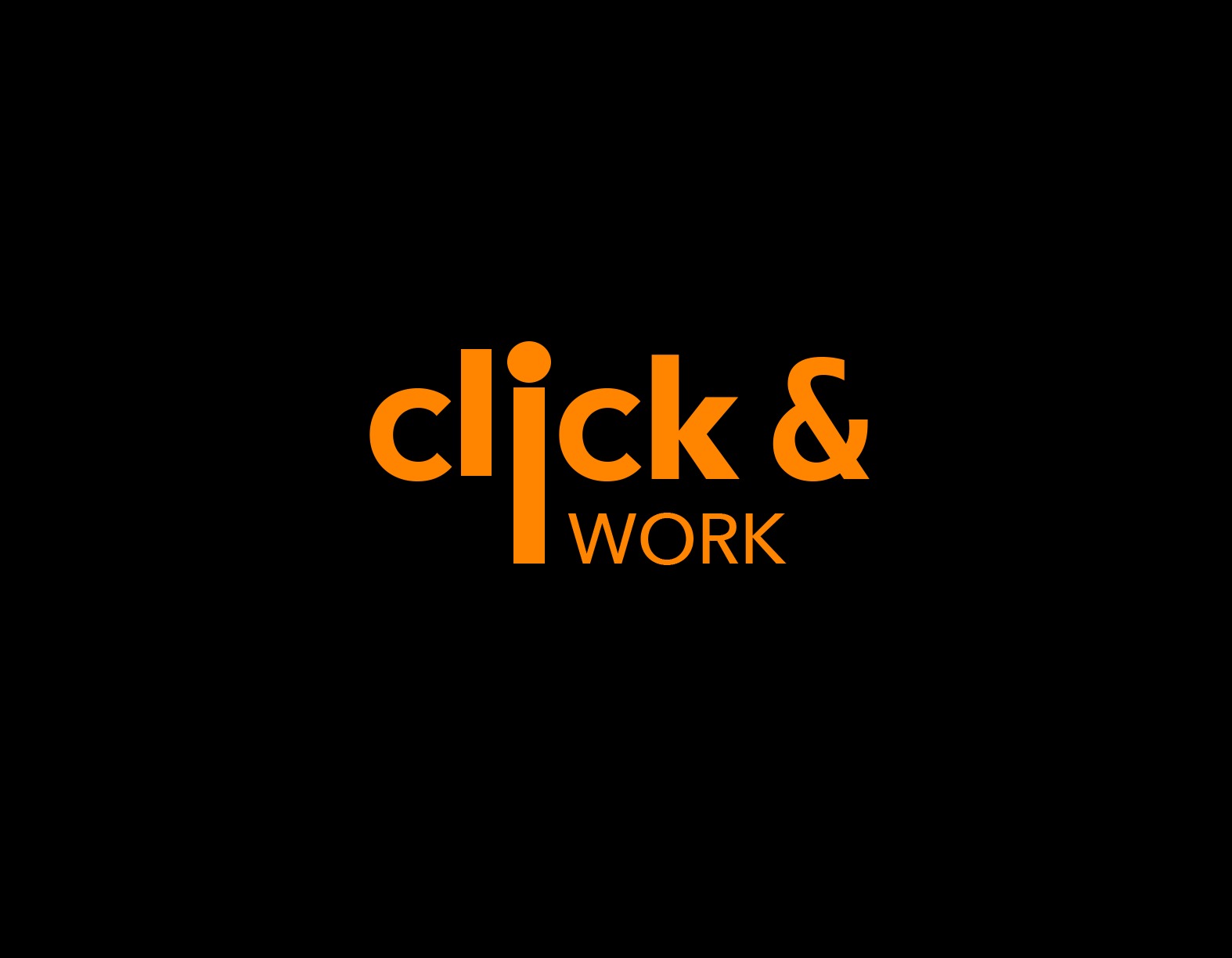 Pomarańczowe logo 'Click & Work' na czarnym tle, z 'L' w słowie 'Click' wydłużonym do góry.