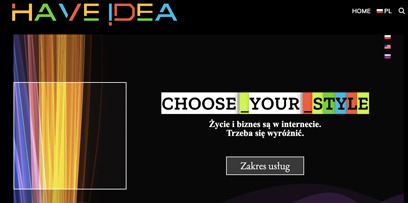 Widok strony internetowej z napisem 'CHOOSE YOUR STYLE' na czarnym tle, z kolorowymi akcentami i abstrakcyjną grafiką po lewej stronie.