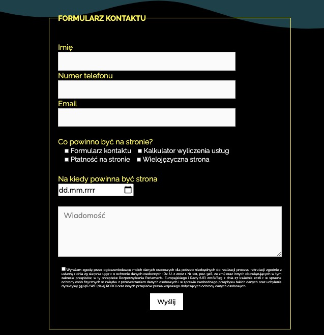 Formularz kontaktowy do umieszczenia na stronie internetowej, z polami na imię, numer telefonu, email, treść wiadomości oraz opcją wyboru dodatkowych elementów do umieszczenia na stronie.