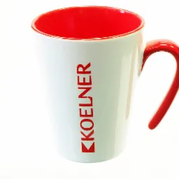 Biały kubek z czerwonym wnętrzem i uchwytem, na którym pionowo nadrukowane jest czerwone logo firmy KOELNER.
