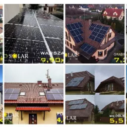 Różne domy z instalacjami paneli słonecznych na dachach, prezentowane w formie kolażu z logotypem firmy instalacyjnej i danymi lokalizacyjnymi.