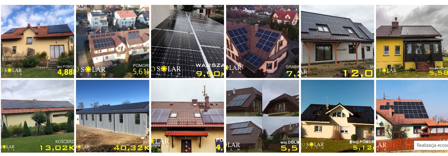 Różne domy z instalacjami paneli słonecznych na dachach, prezentowane w formie kolażu z logotypem firmy instalacyjnej i danymi lokalizacyjnymi.