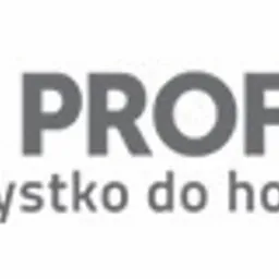 Szare logo firmy 'PROFIL' z hasłem 'wszystko do hotelu' na białym tle.